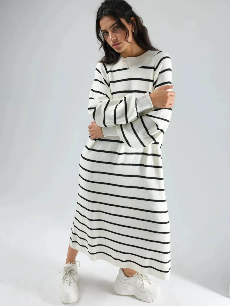 MY FASHION Long Sleeve Striped Ribbed Knit Dress